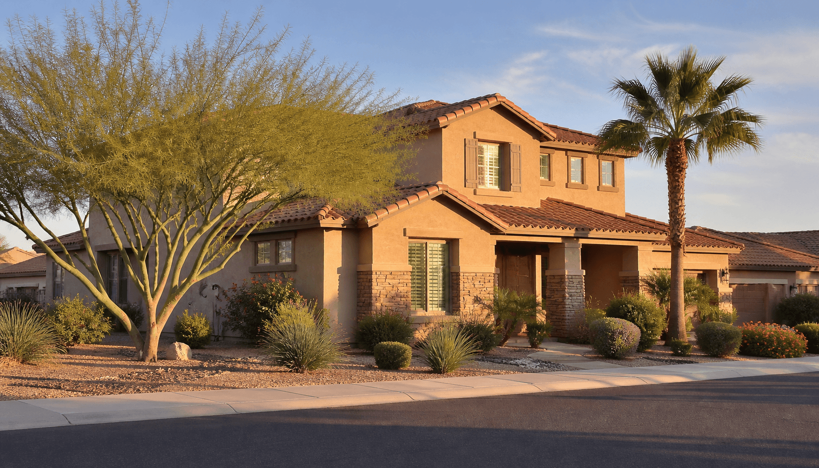 Residential street scene representative of Gilbert, AZ