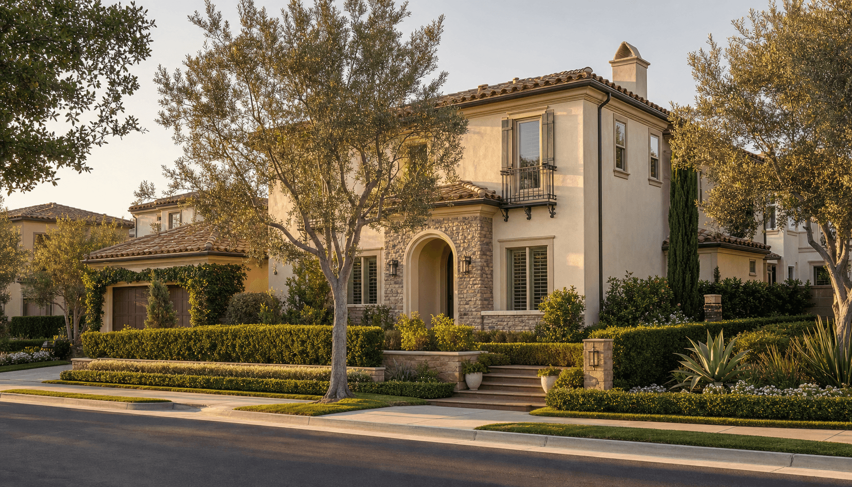 Residential street scene representative of Irvine, CA