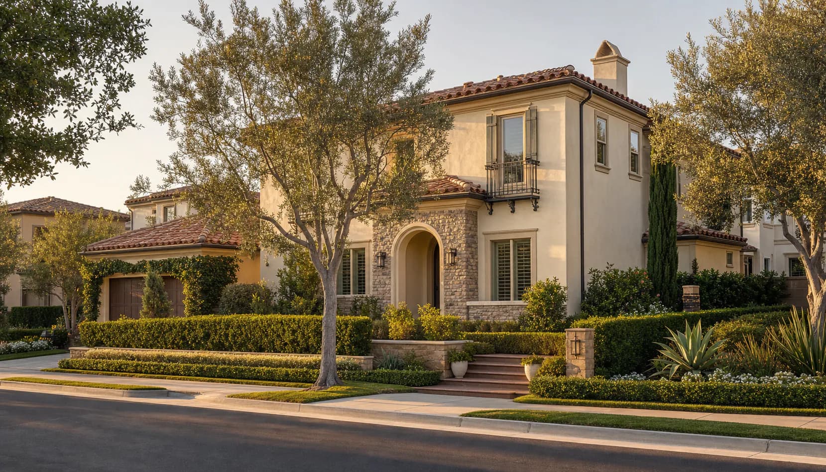 Residential street scene representative of Irvine, CA
