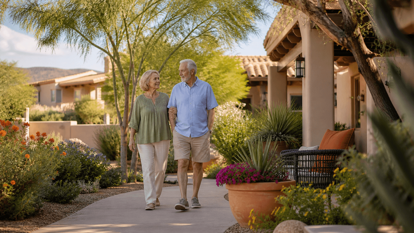 Arizona retirees walking near a quiet neighborhood home