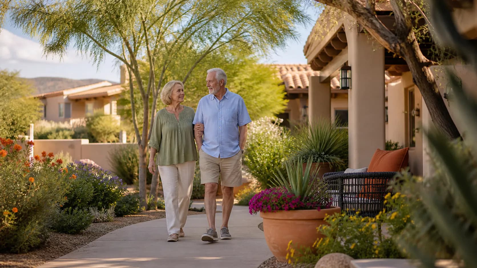 Arizona retirees walking near a quiet neighborhood home
