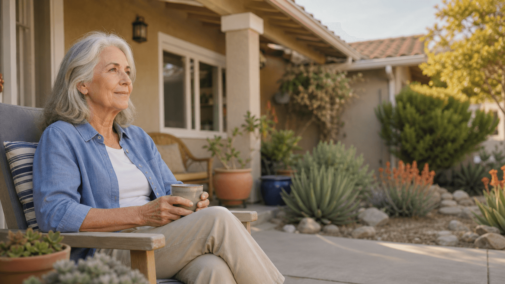 California homeowner relaxing outside a well-kept home