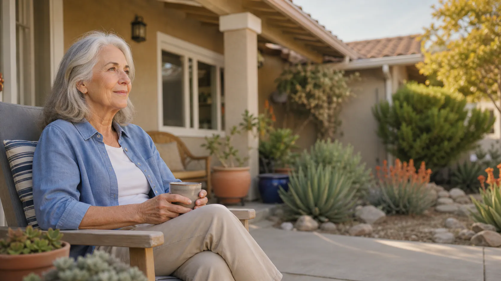 California homeowner relaxing outside a well-kept home