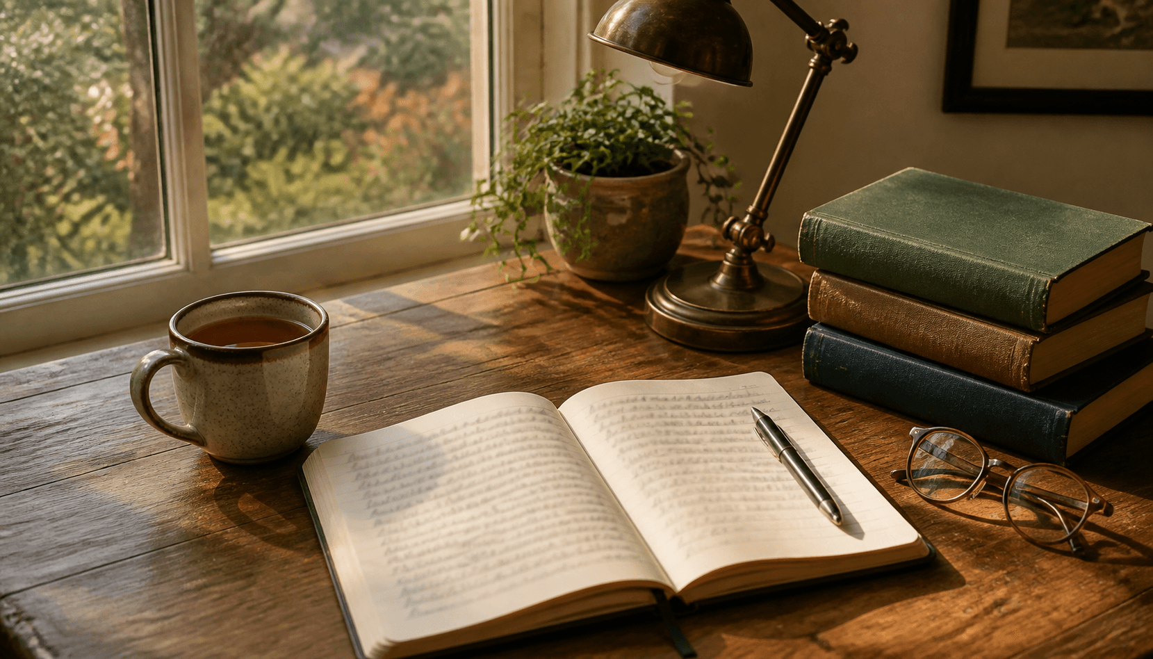 Wooden desk with notebook, reading glasses, and reference books — a calm setting for learning reverse mortgage terms