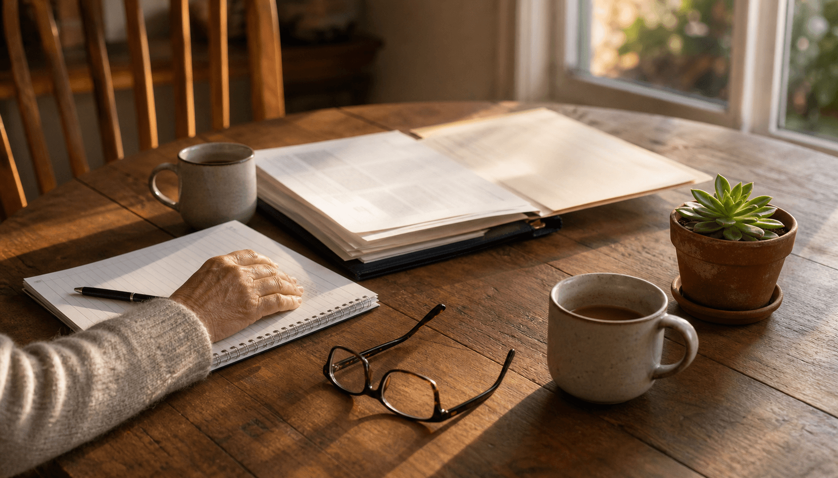 Kitchen table with notepad, coffee, reading glasses, and a folder representing a calm counseling conversation